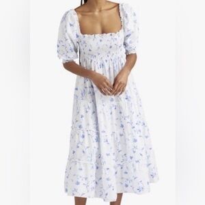 Hill House White Midi Dress with Blue Floral Print